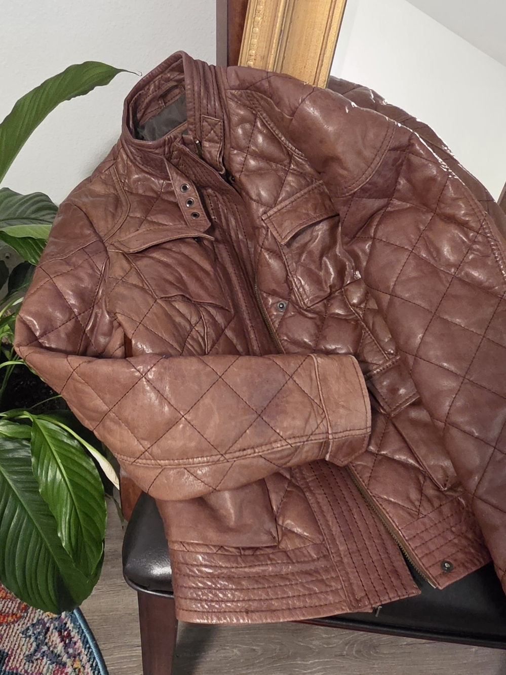 Eddie Bauer Quilted Brown Leather Bomber Jacket
